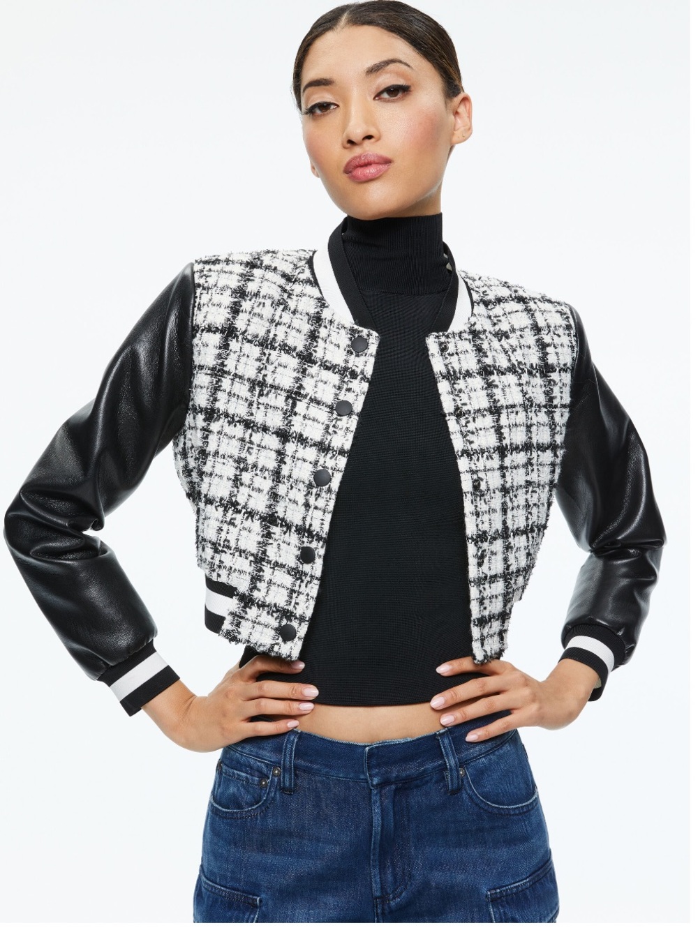 Alice + Olivia Camelia Cropped Combination Varsity Jacket